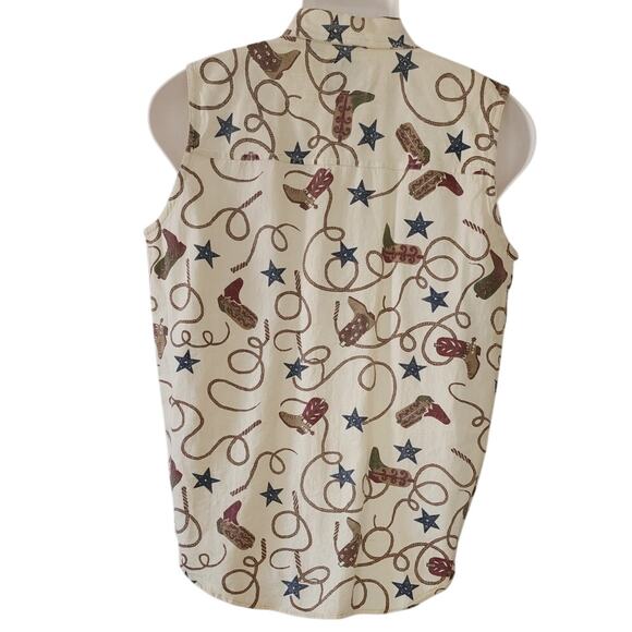 Vintage Western Quizz Sleeveless Top Cowoy Boots Rope Stars Women's Size Medium - Picture 2 of 10